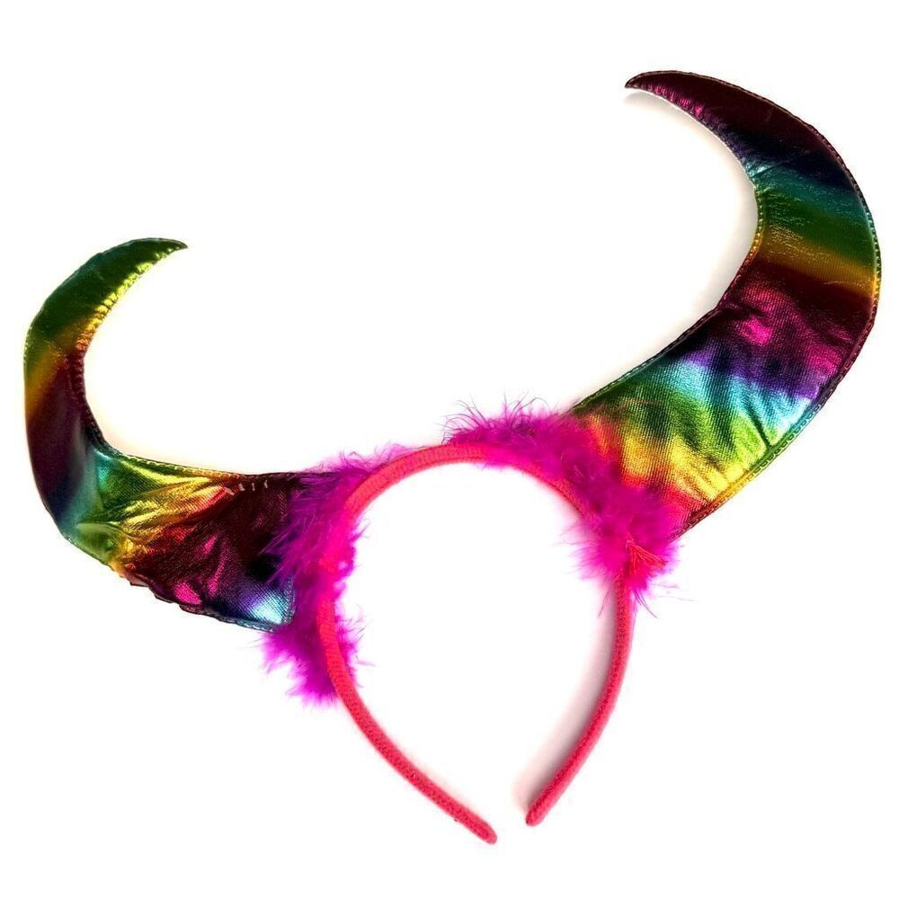 Rainbow Metallic Horn Headband with Pink Feather Trim – Festival Pride Costume A
